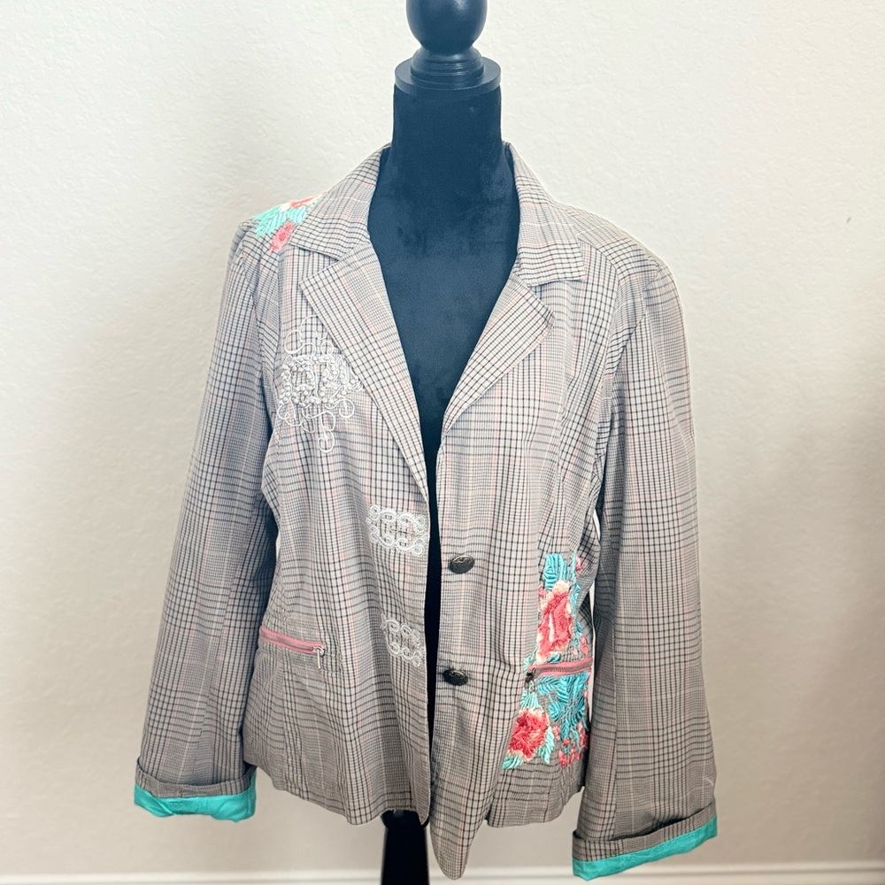 Johnny Was Gray and Red Blazer with Floral Embroidery